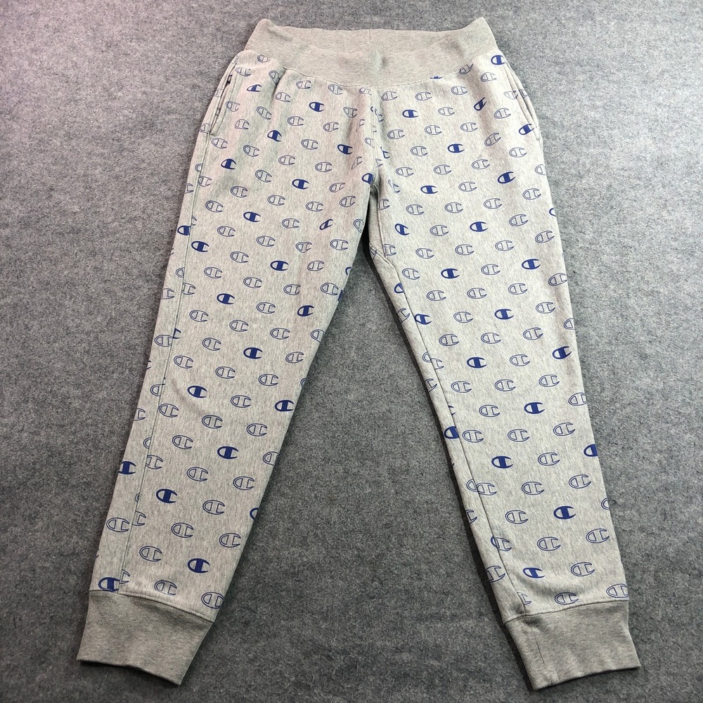 Champion Mens Reverse Weave Sweatpants XL Gray All Over Logo Print Joggers
